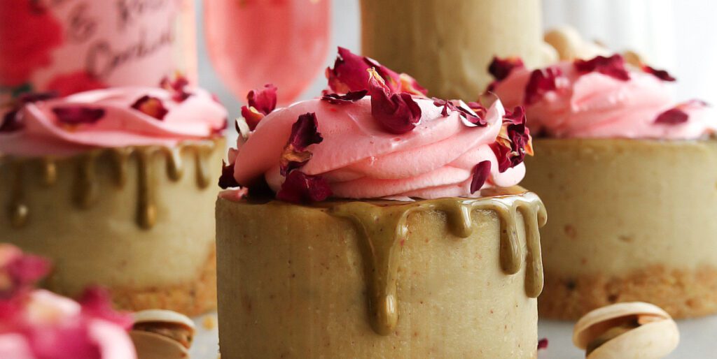 Pistachio, Elderflower and Rose Cheesecakes
